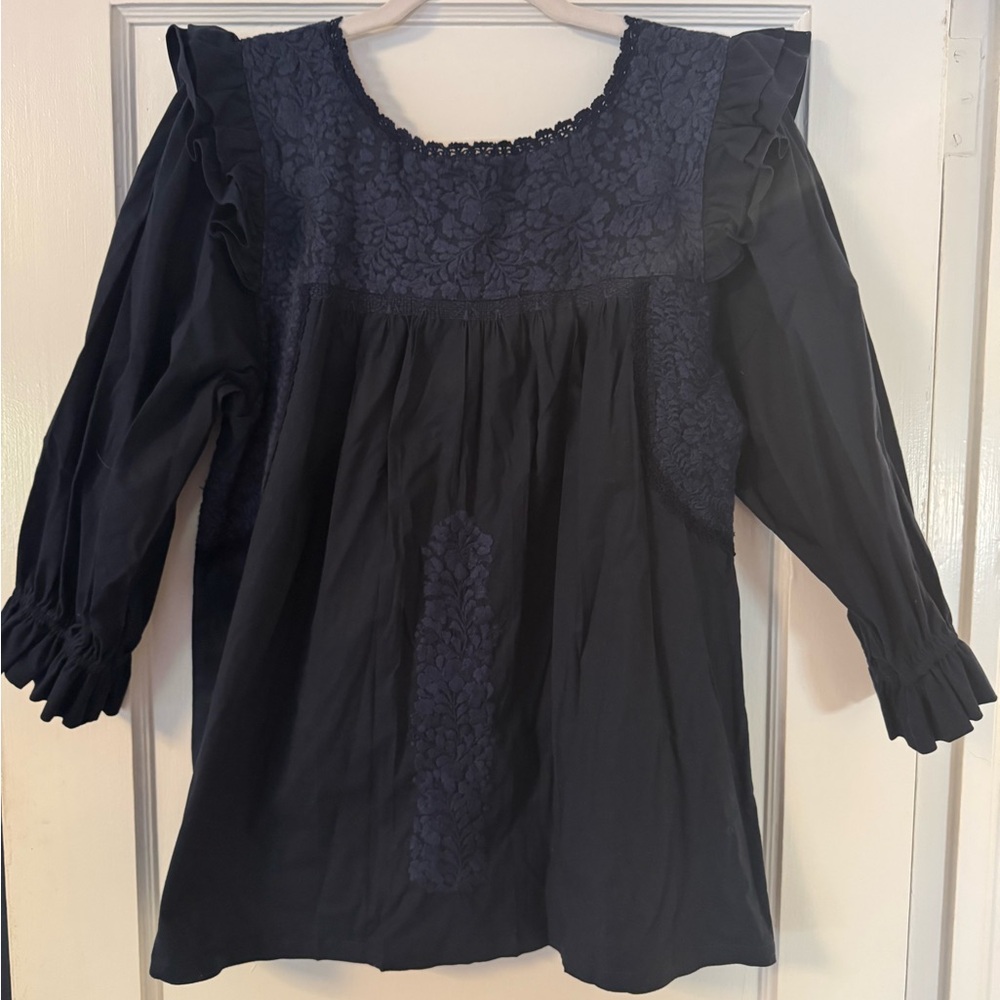 Mi Golondrina  Fernanda Lago Marino Navy Blue Lace Detail Women's Top